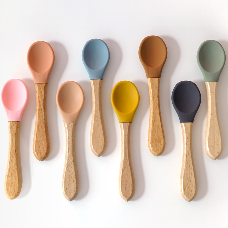 Baby Food Utensils - Memberi Makan Pegangan Kayu Sendok Silikon